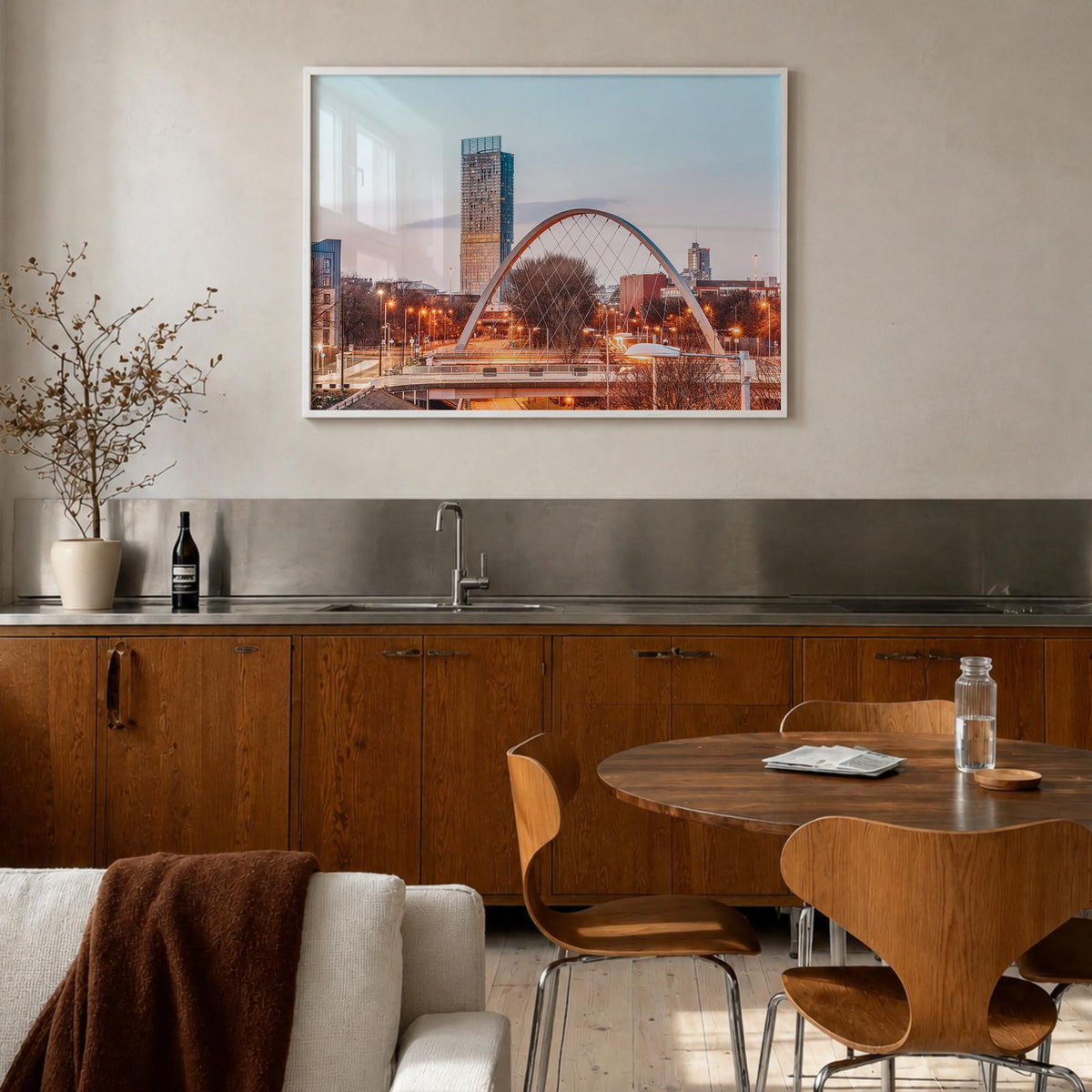 Manchester, England colorful photo poster of United Kingdom – horizontal wall art in white wood frame, hanging on wall