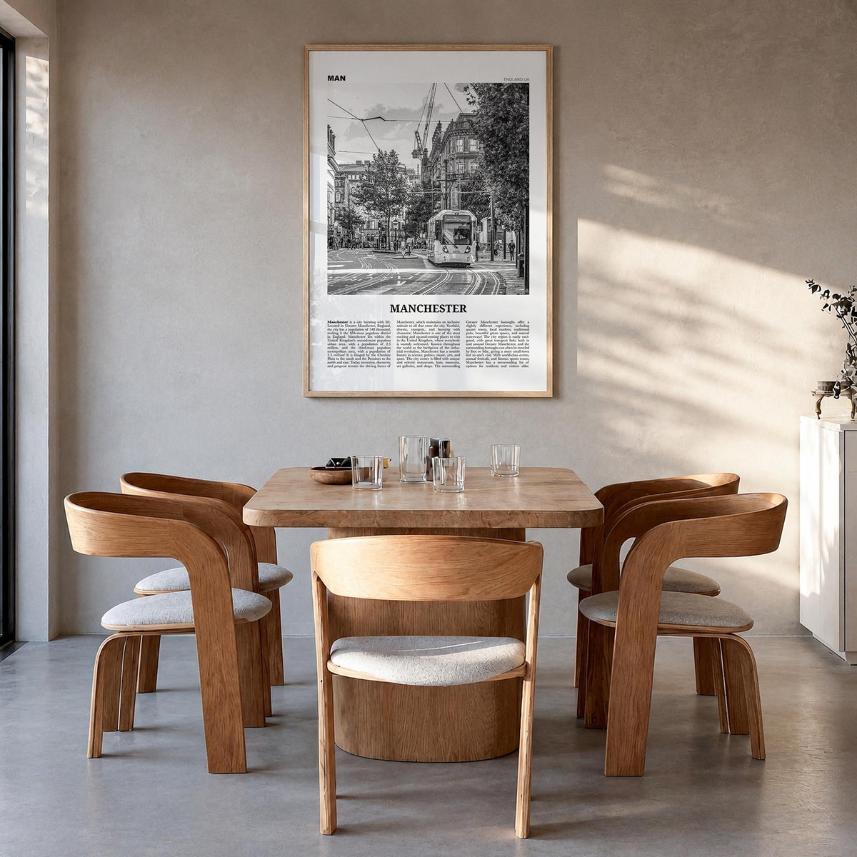 Manchester, England no. 1 black & white newspaper poster of United Kingdom – vertical wall art in natural wood frame, hanging