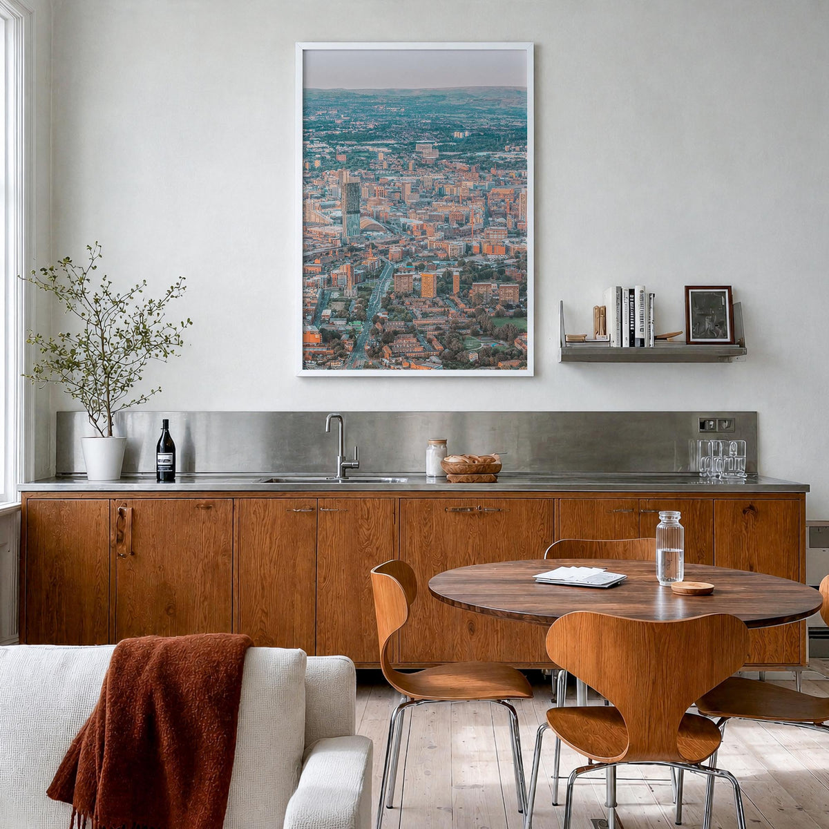 Manchester, England no. 1 colorful photo poster of United Kingdom – vertical wall art in white wood frame, hanging on wall