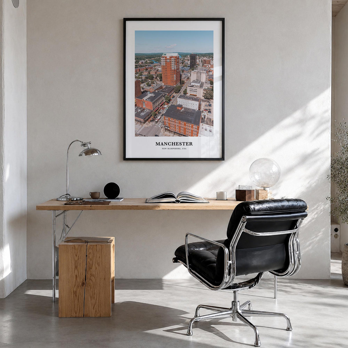 Manchester, New Hampshire colorful classic poster of New Hampshire, USA – vertical wall art in black wood frame, hanging on w