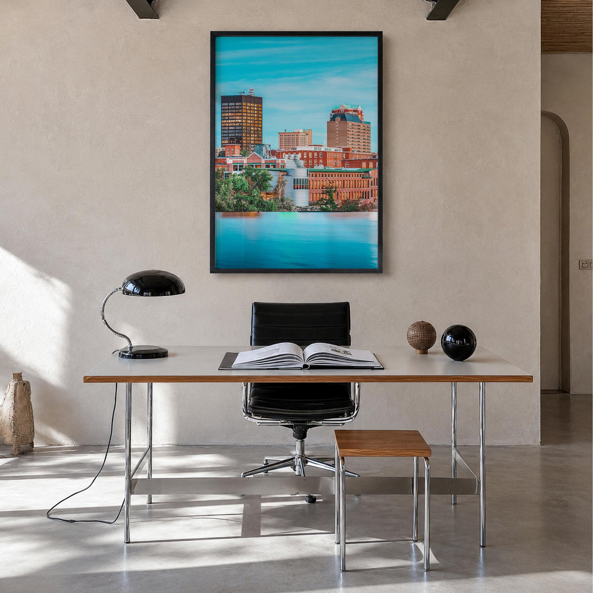 Manchester, New Hampshire colorful photo poster of New Hampshire, USA – vertical wall art in black wood frame, hanging on wal