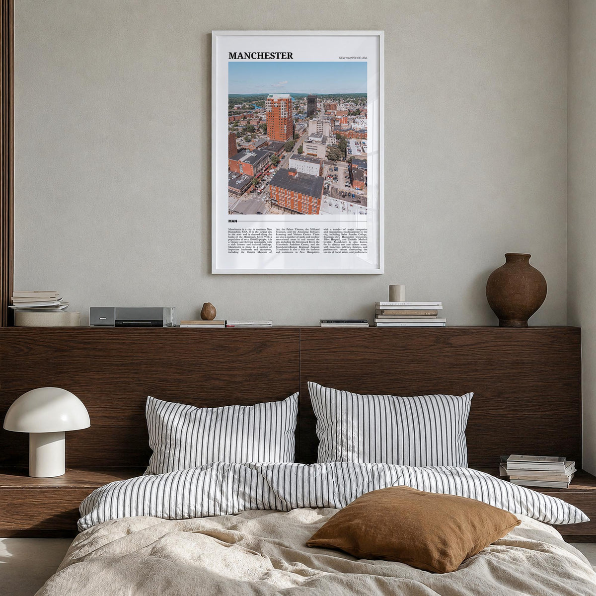Manchester, New Hampshire colorful travel poster of New Hampshire, USA – vertical wall art in white wood frame, hanging on wa