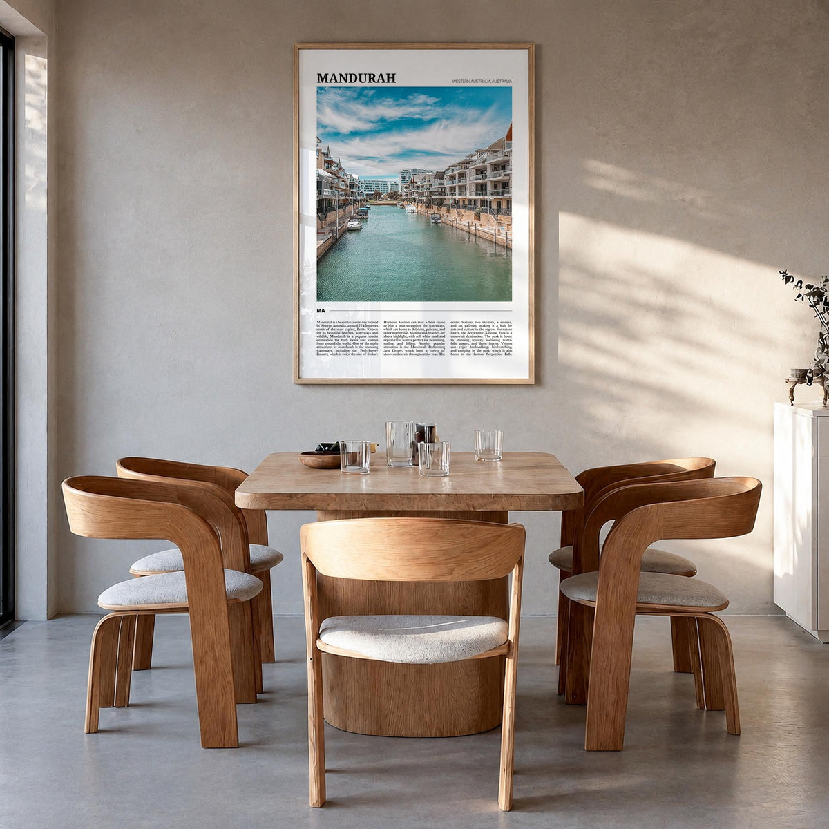 Mandurah colorful travel poster of Australia – vertical wall art in natural wood frame, hanging on wall