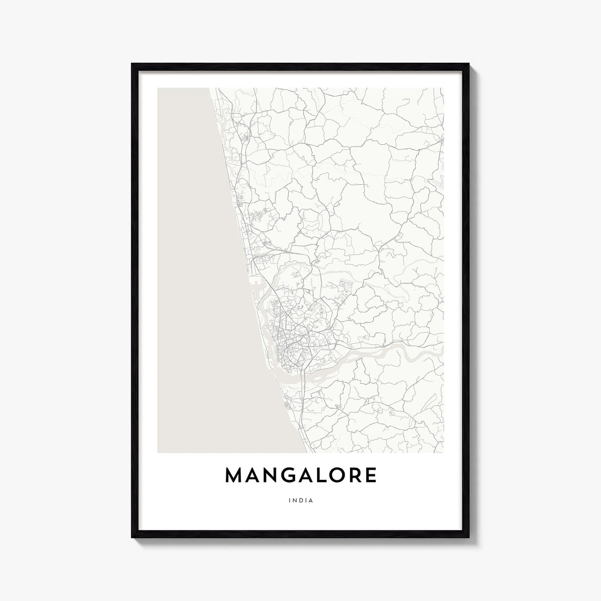 Mangalore black & white map poster of India – vertical wall art, unframed print shown in interior mockup