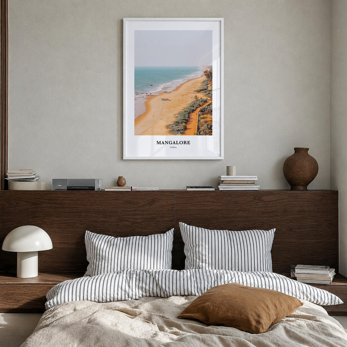 Mangalore colorful classic poster of India – vertical wall art in white wood frame, hanging on wall