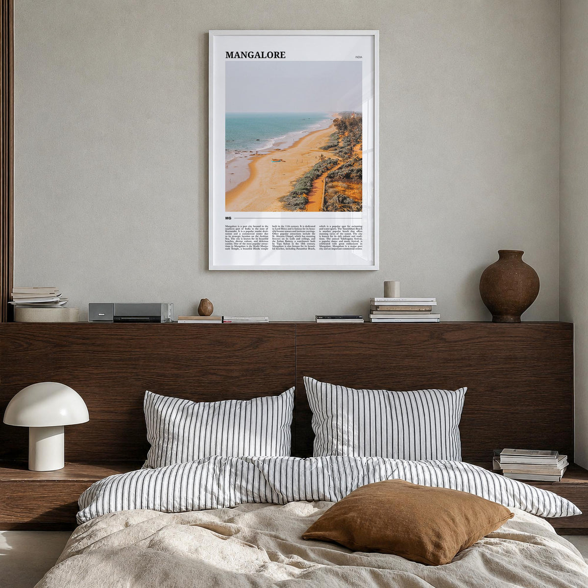 Mangalore colorful travel poster of India – vertical wall art in white wood frame, hanging on wall