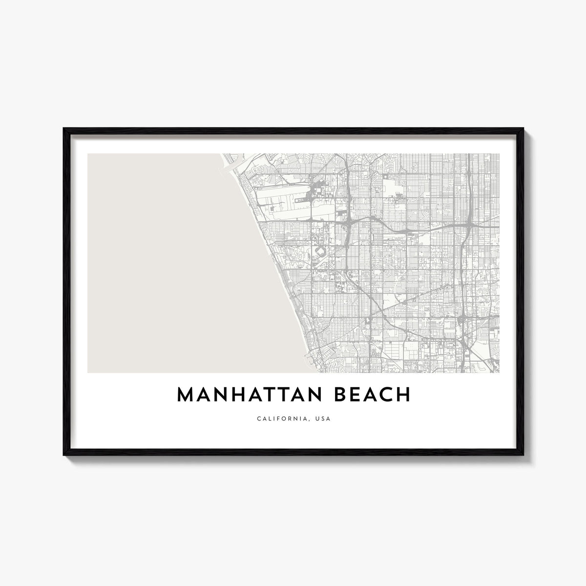 Manhattan Beach black & white map poster of California, USA – horizontal wall art, unframed print shown in interior mockup