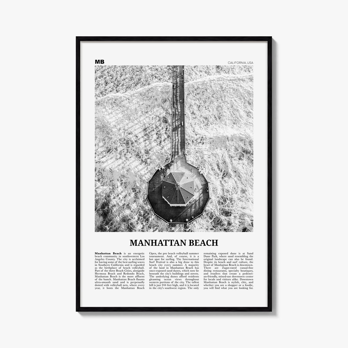 Manhattan Beach black & white newspaper poster of California, USA – vertical wall art, unframed print shown in interior mocku