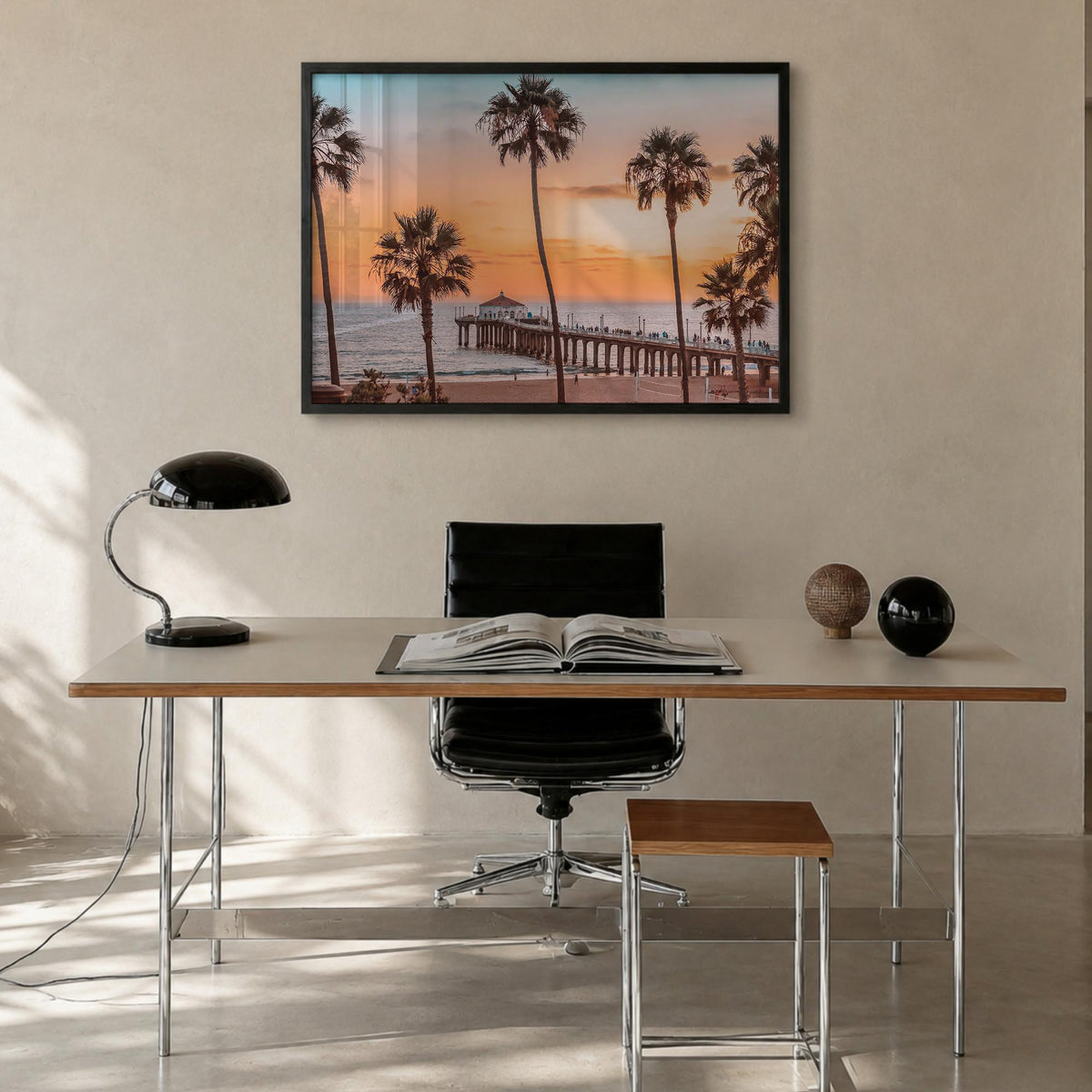 Manhattan Beach colorful photo poster of California, USA – horizontal wall art in black wood frame, hanging on wall