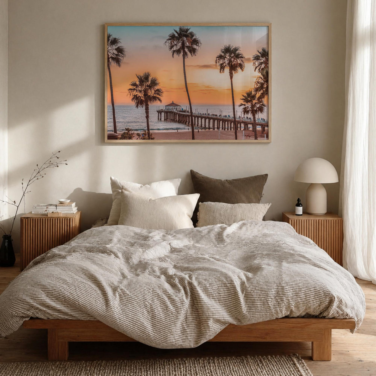 Manhattan Beach colorful photo poster of California, USA – horizontal wall art in natural wood frame, hanging on wall