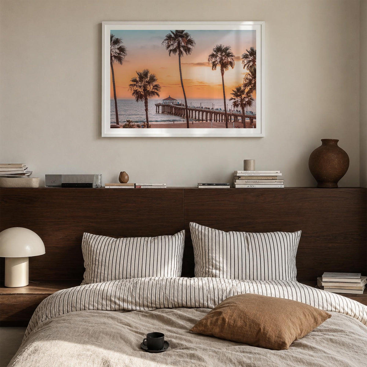 Manhattan Beach colorful photo poster of California, USA – horizontal wall art in white wood frame with white border, hanging