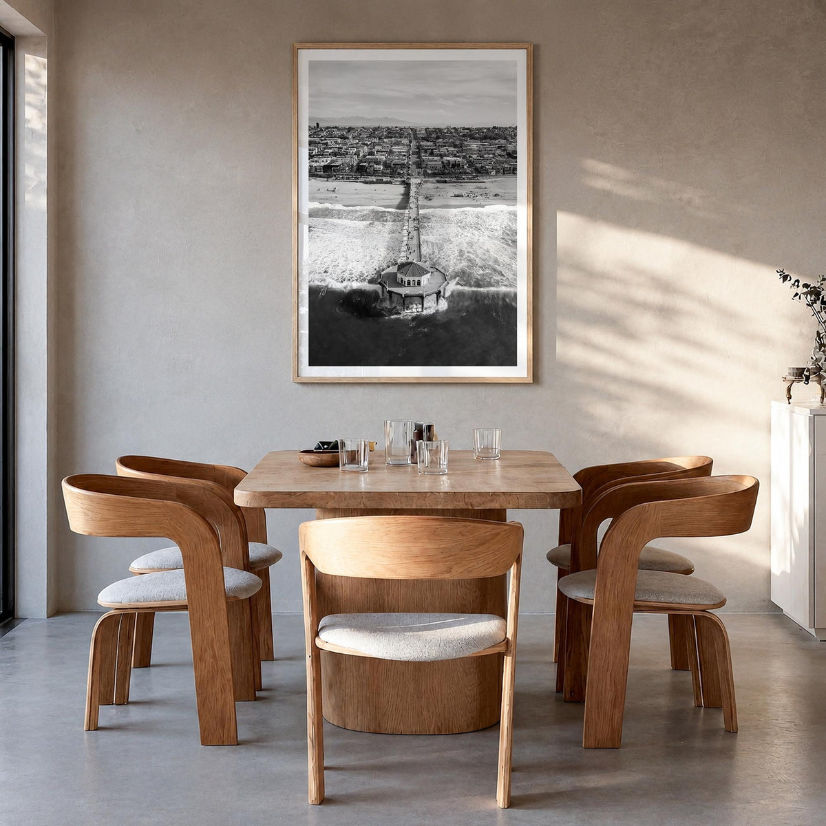 Manhattan Beach no. 1 black & white photo poster of California, USA – vertical wall art in natural wood frame with white bord