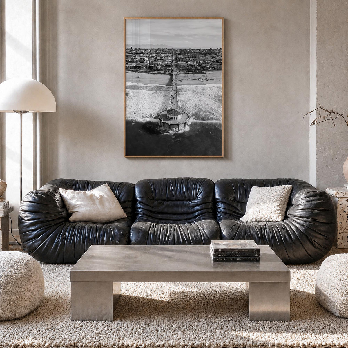 Manhattan Beach no. 1 black & white photo poster of California, USA – vertical wall art in natural wood frame, hanging on wal