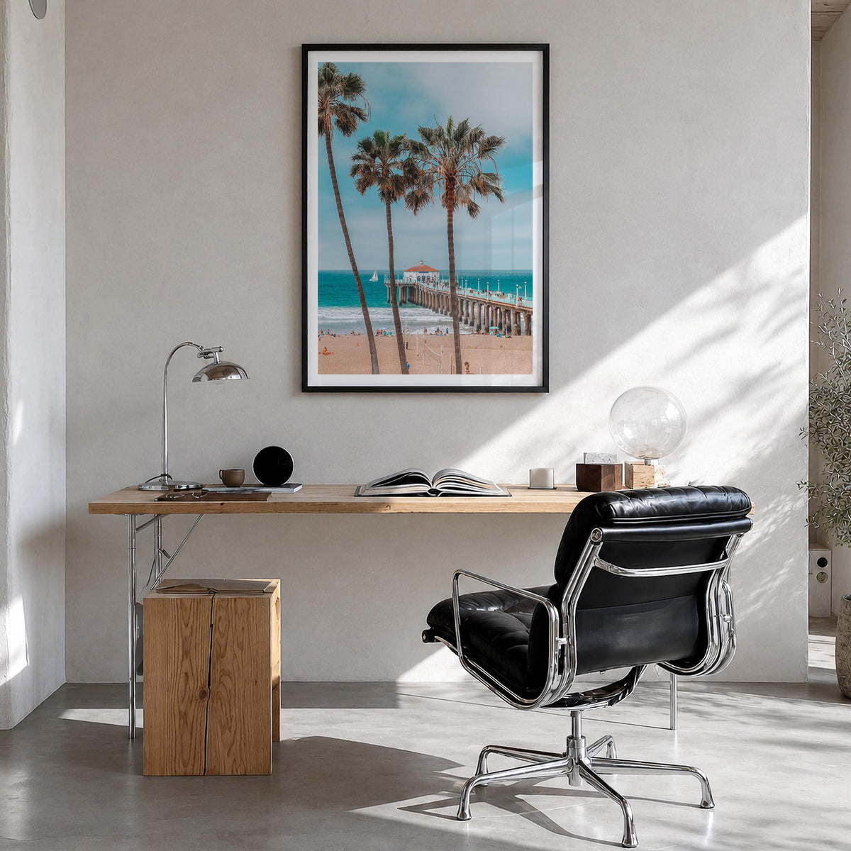 Manhattan Beach no. 1 colorful photo poster of California, USA – vertical wall art in black wood frame with white border, han