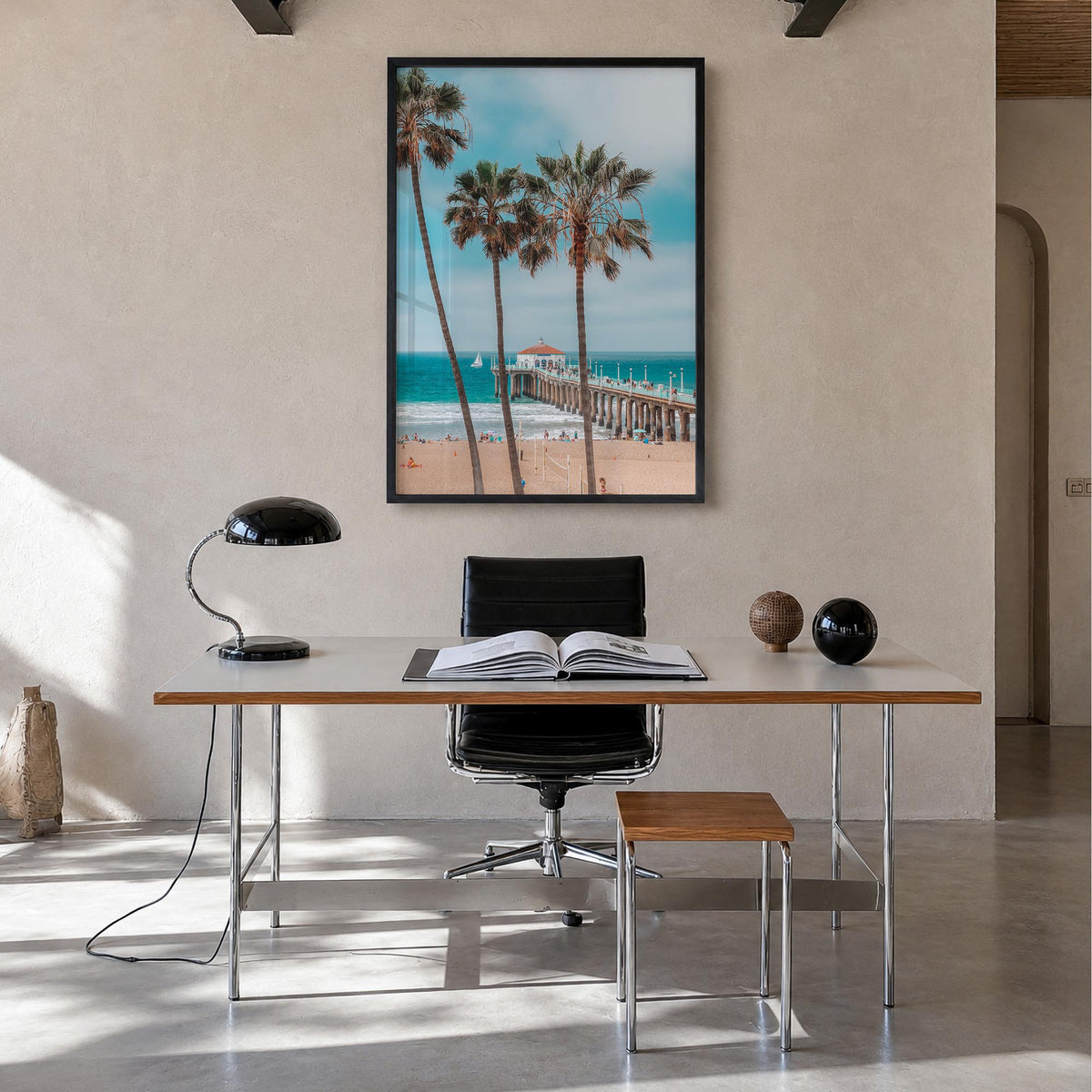 Manhattan Beach no. 1 colorful photo poster of California, USA – vertical wall art in black wood frame, hanging on wall