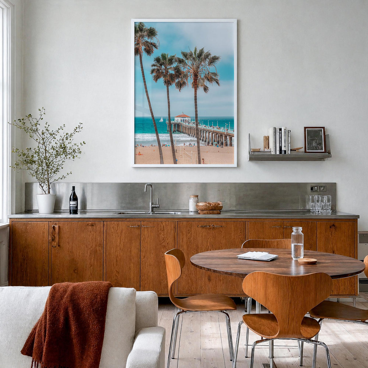 Manhattan Beach no. 1 colorful photo poster of California, USA – vertical wall art in white wood frame, hanging on wall