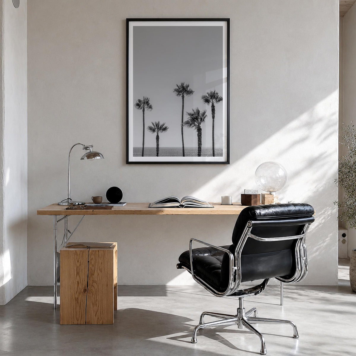 Manhattan Beach no. 2 black & white photo poster of California, USA – vertical wall art in black wood frame with white border