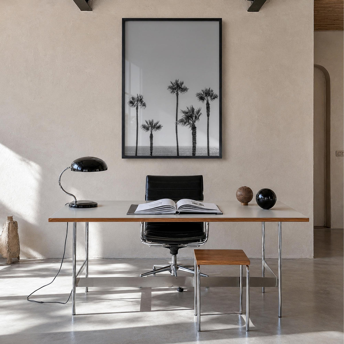 Manhattan Beach no. 2 black & white photo poster of California, USA – vertical wall art in black wood frame, hanging on wall
