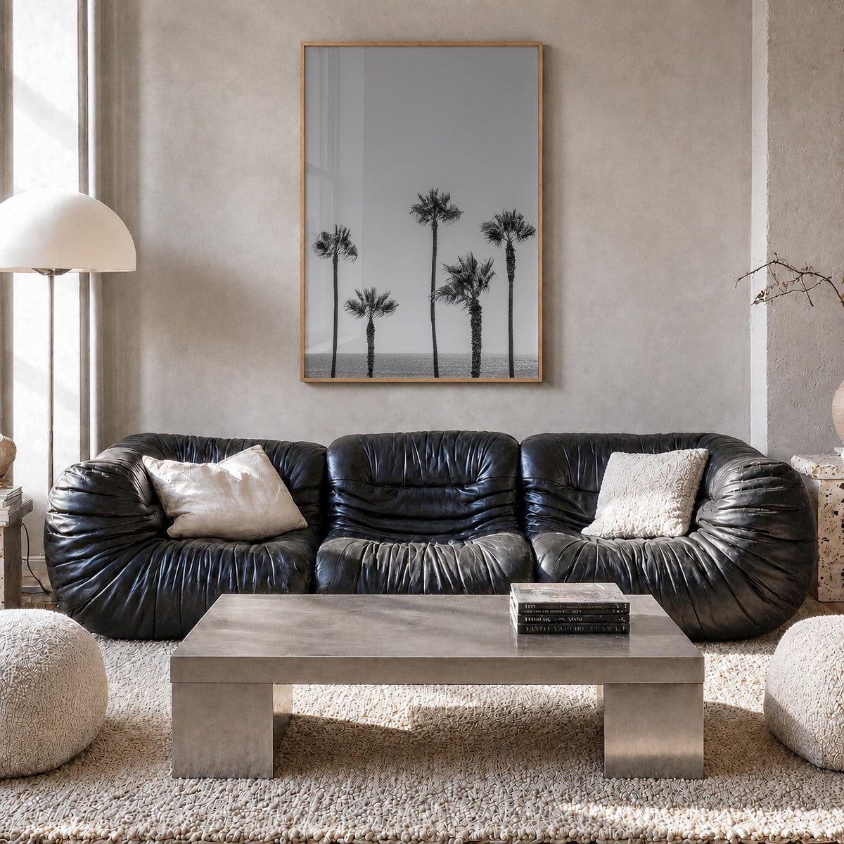 Manhattan Beach no. 2 black & white photo poster of California, USA – vertical wall art in natural wood frame, hanging on wal