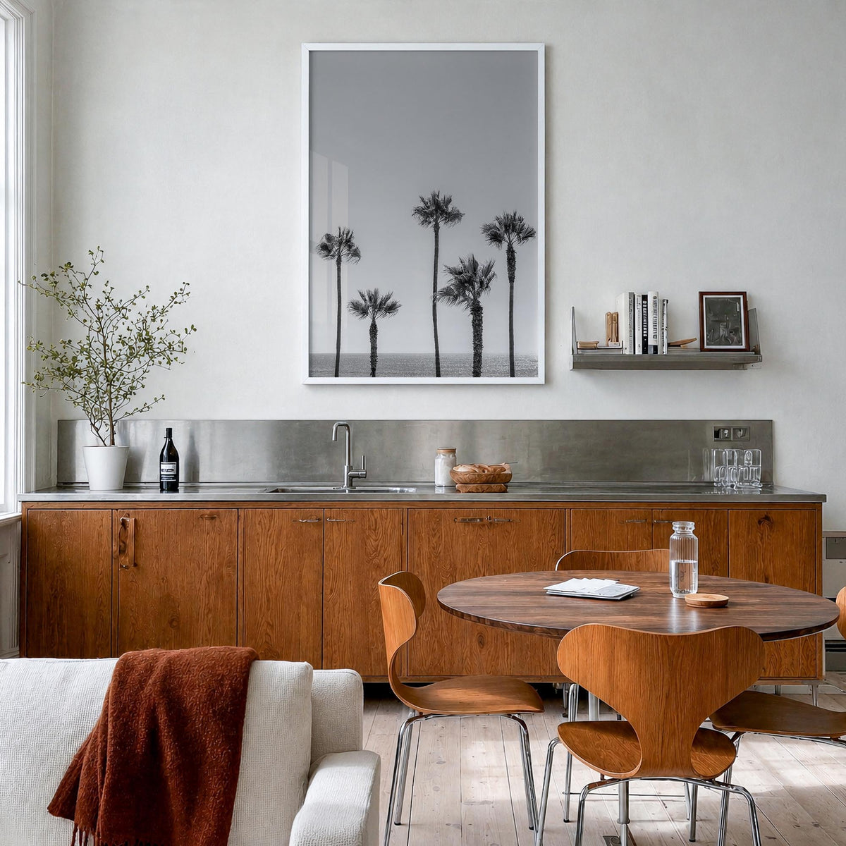 Manhattan Beach no. 2 black & white photo poster of California, USA – vertical wall art in white wood frame, hanging on wall