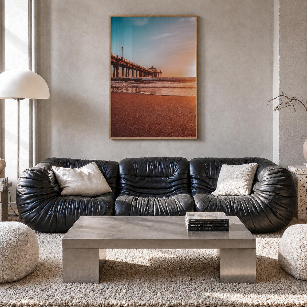 Manhattan Beach no. 2 colorful photo poster of California, USA – vertical wall art in natural wood frame, hanging on wall