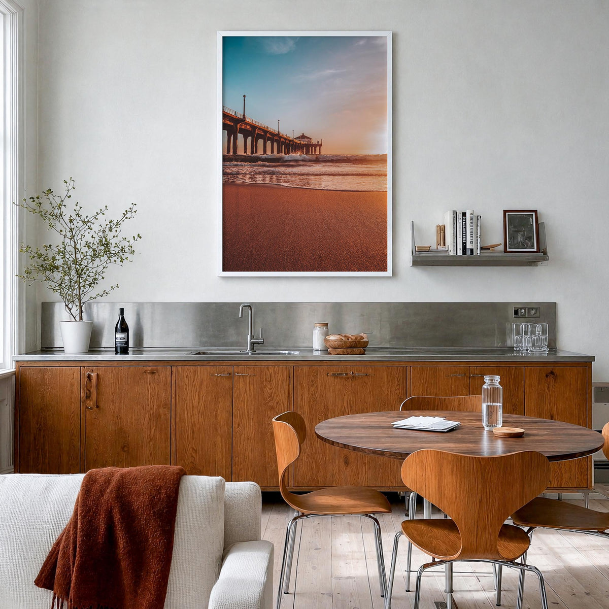 Manhattan Beach no. 2 colorful photo poster of California, USA – vertical wall art in white wood frame, hanging on wall