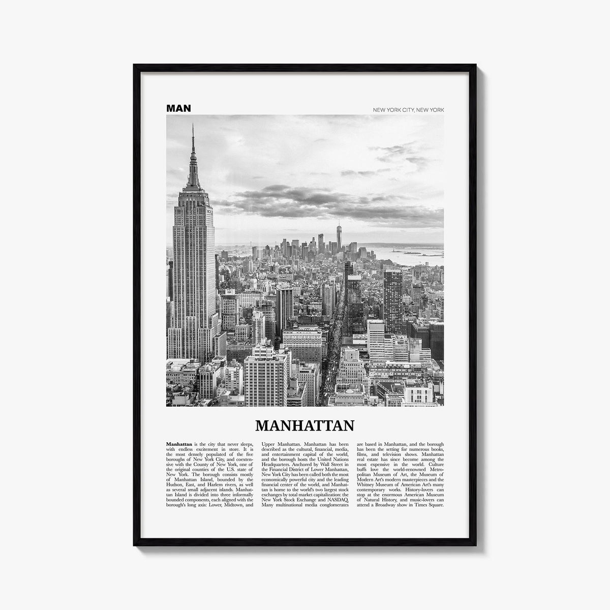 Manhattan black & white newspaper poster of New York City, New York – vertical wall art, unframed print shown in interior moc