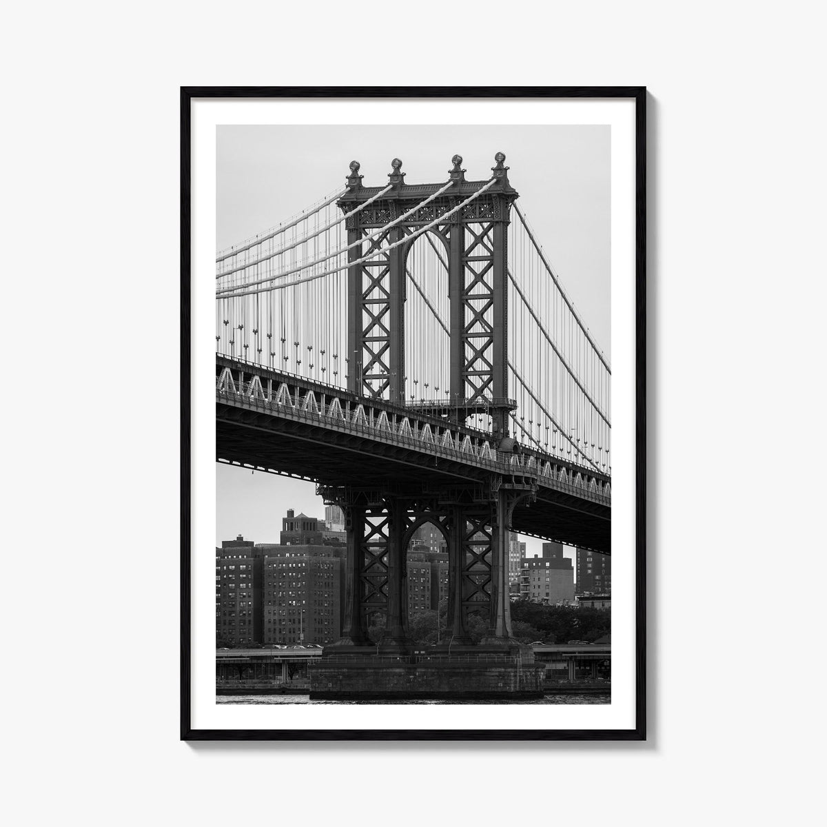 Manhattan Bridge black & white photo poster of New York, USA – vertical wall art, unframed print shown in interior mockup