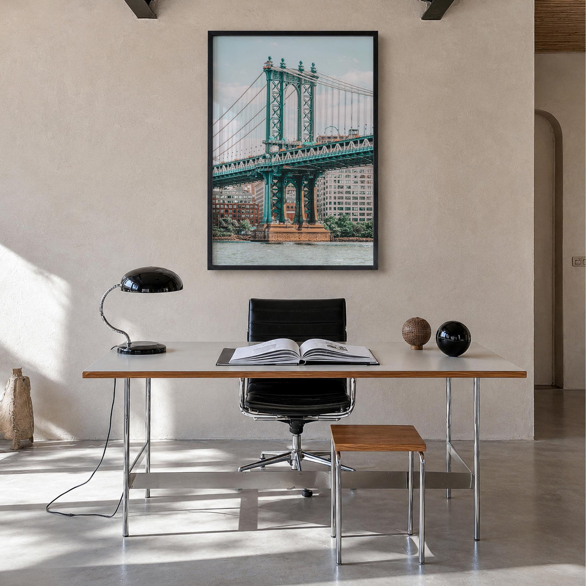 Manhattan Bridge no. 1 colorful photo poster of New York, USA – vertical wall art in black wood frame, hanging on wall