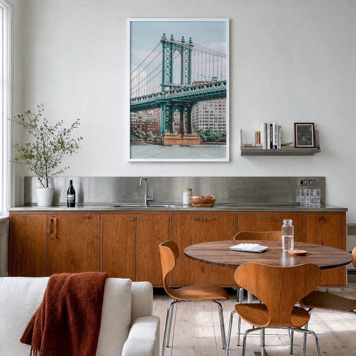 Manhattan Bridge no. 1 colorful photo poster of New York, USA – vertical wall art in white wood frame, hanging on wall