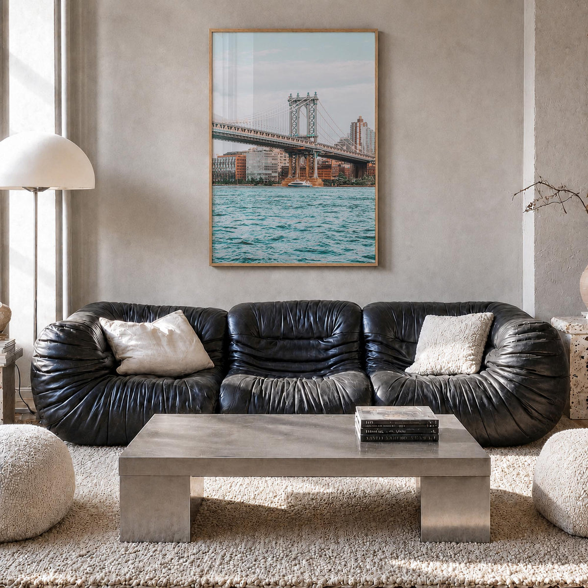 Manhattan Bridge no. 2 colorful photo poster of New York, USA – vertical wall art in natural wood frame, hanging on wall