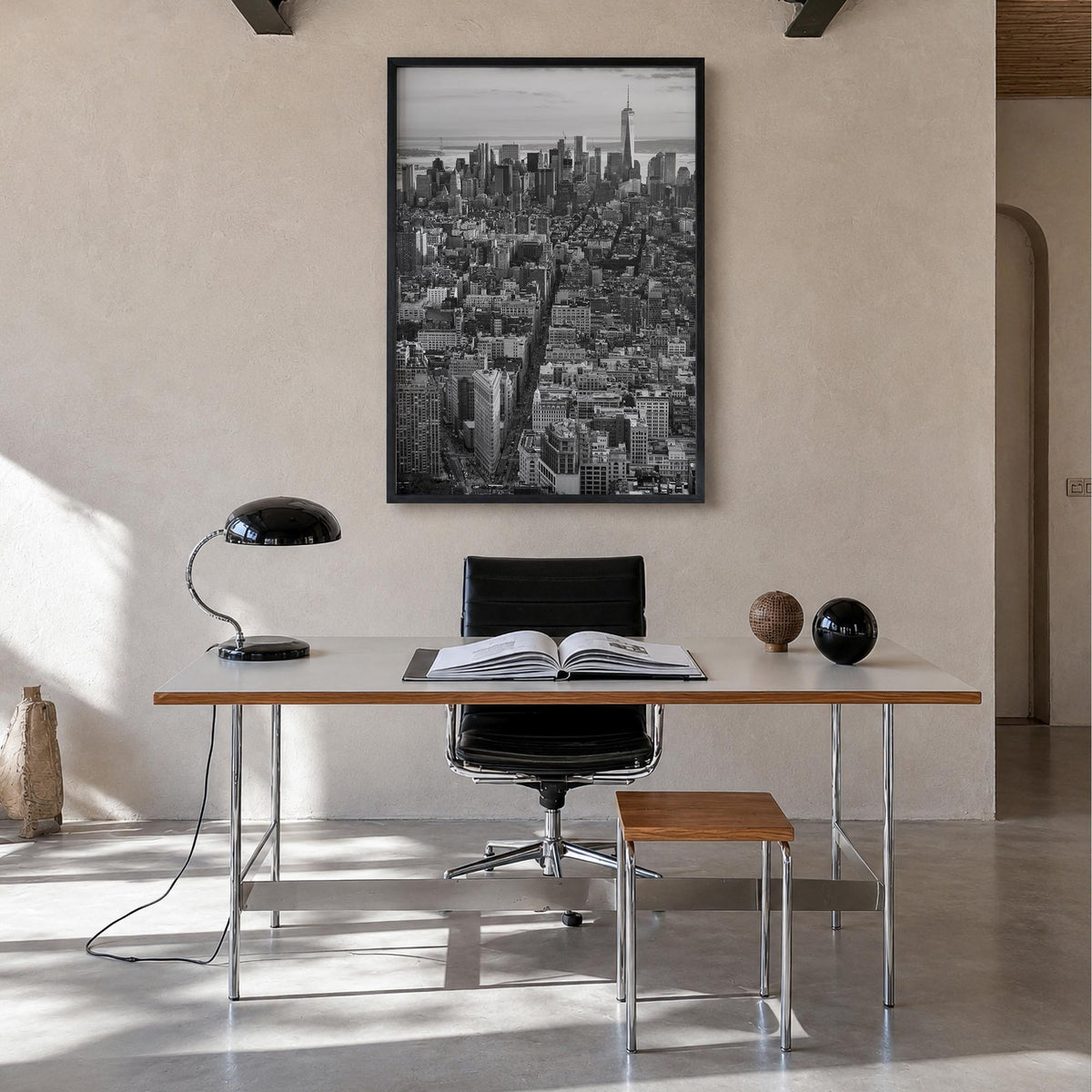 Manhattan no. 1 black & white photo poster of New York City, New York – vertical wall art in black wood frame, hanging on wal