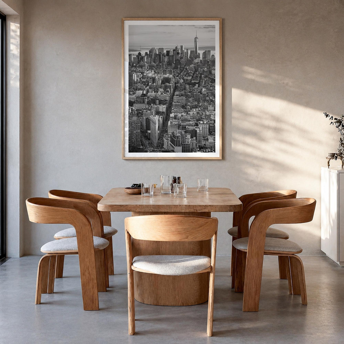 Manhattan no. 1 black & white photo poster of New York City, New York – vertical wall art in natural wood frame with white bo