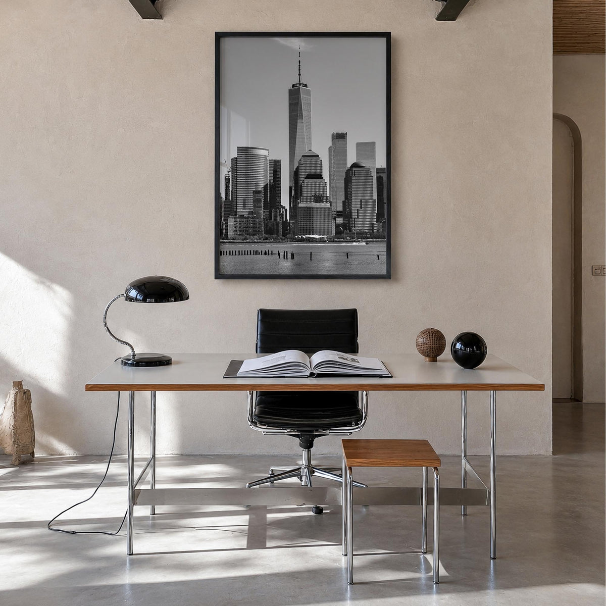 Manhattan no. 2 black & white photo poster of New York City, New York – vertical wall art in black wood frame, hanging on wal