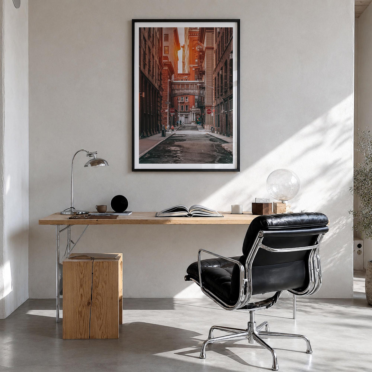 Manhattan no. 2 colorful photo poster of New York City, New York – vertical wall art in black wood frame with white border, h