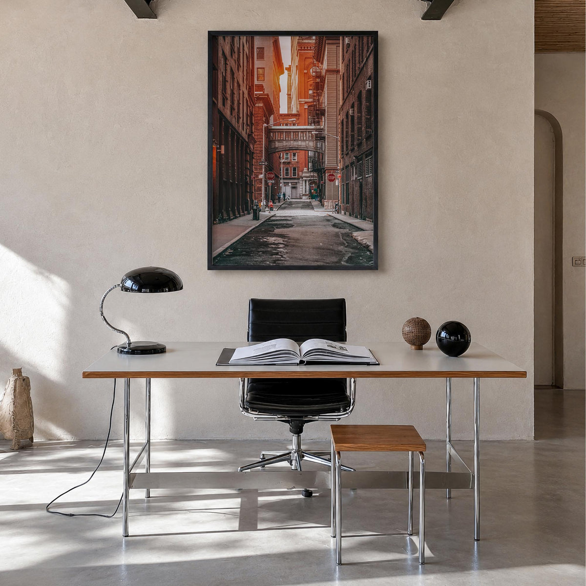 Manhattan no. 2 colorful photo poster of New York City, New York – vertical wall art in black wood frame, hanging on wall