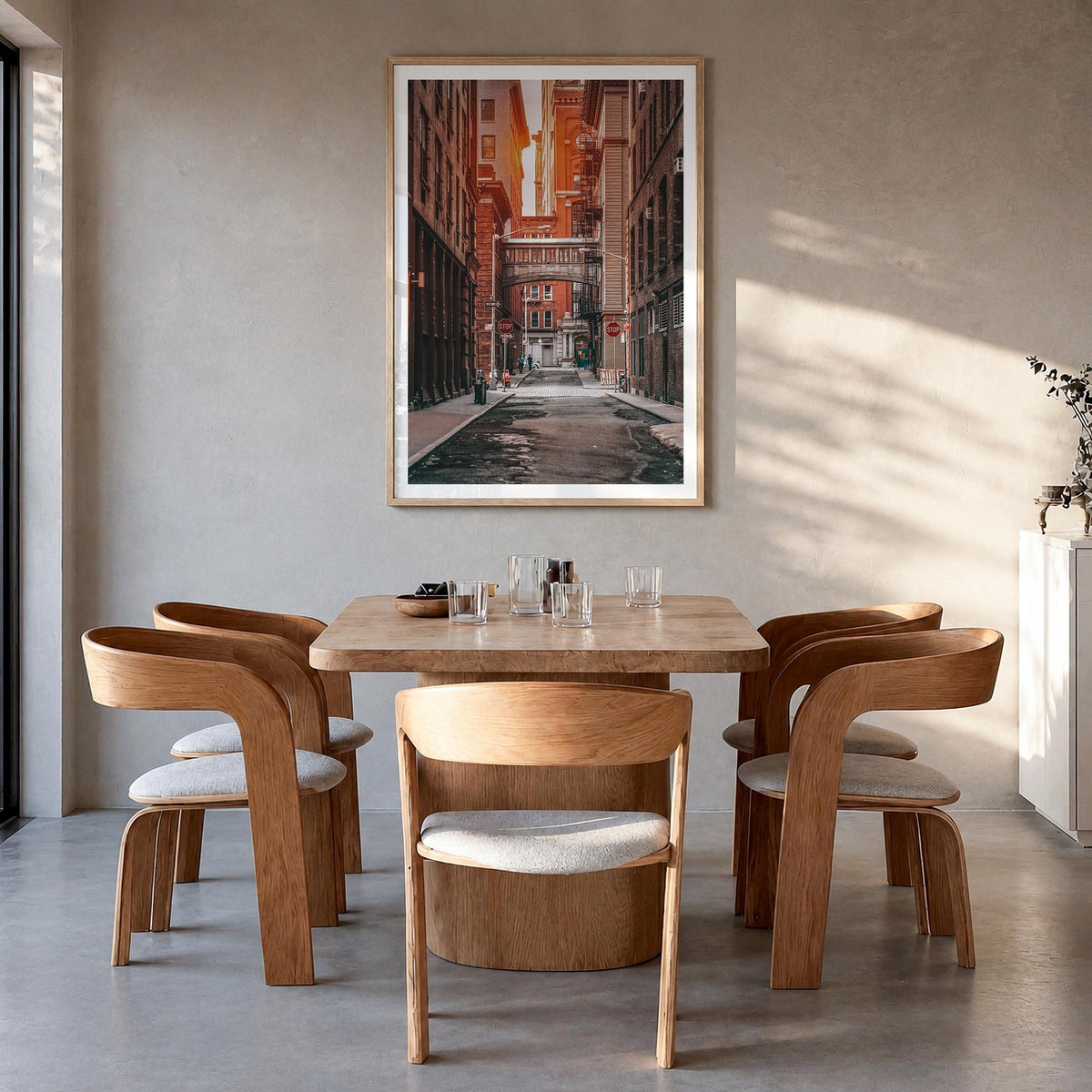 Manhattan no. 2 colorful photo poster of New York City, New York – vertical wall art in natural wood frame with white border,