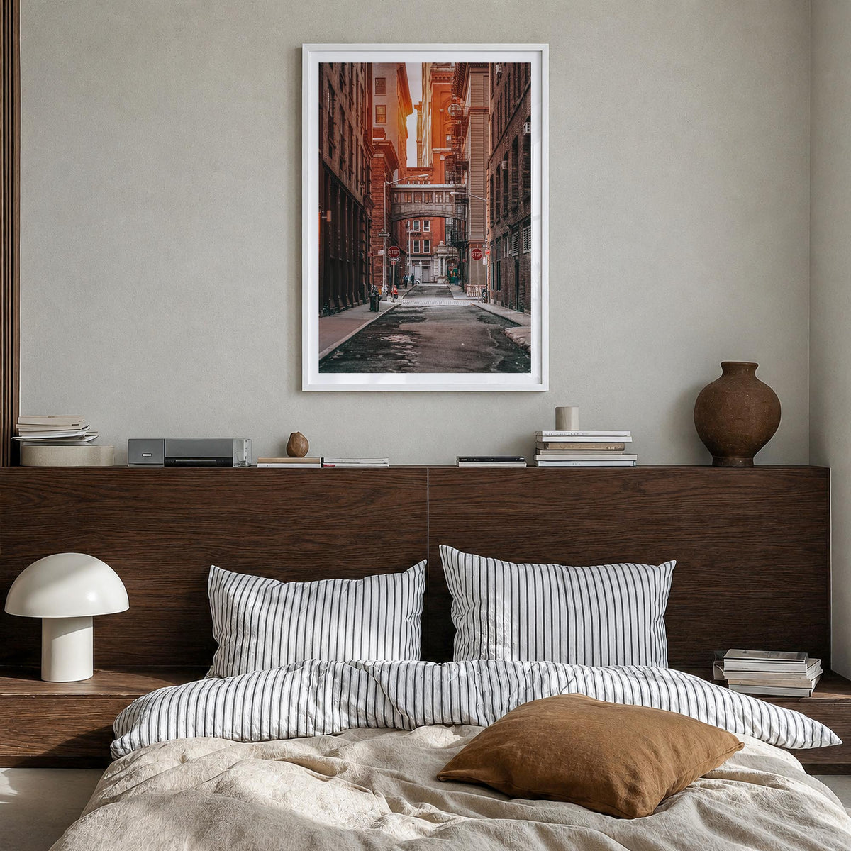Manhattan no. 2 colorful photo poster of New York City, New York – vertical wall art in white wood frame with white border, h