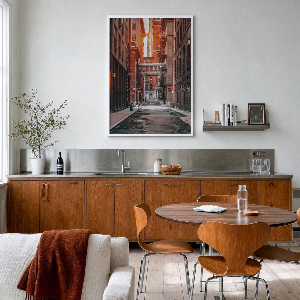 Manhattan no. 2 colorful photo poster of New York City, New York – vertical wall art in white wood frame, hanging on wall