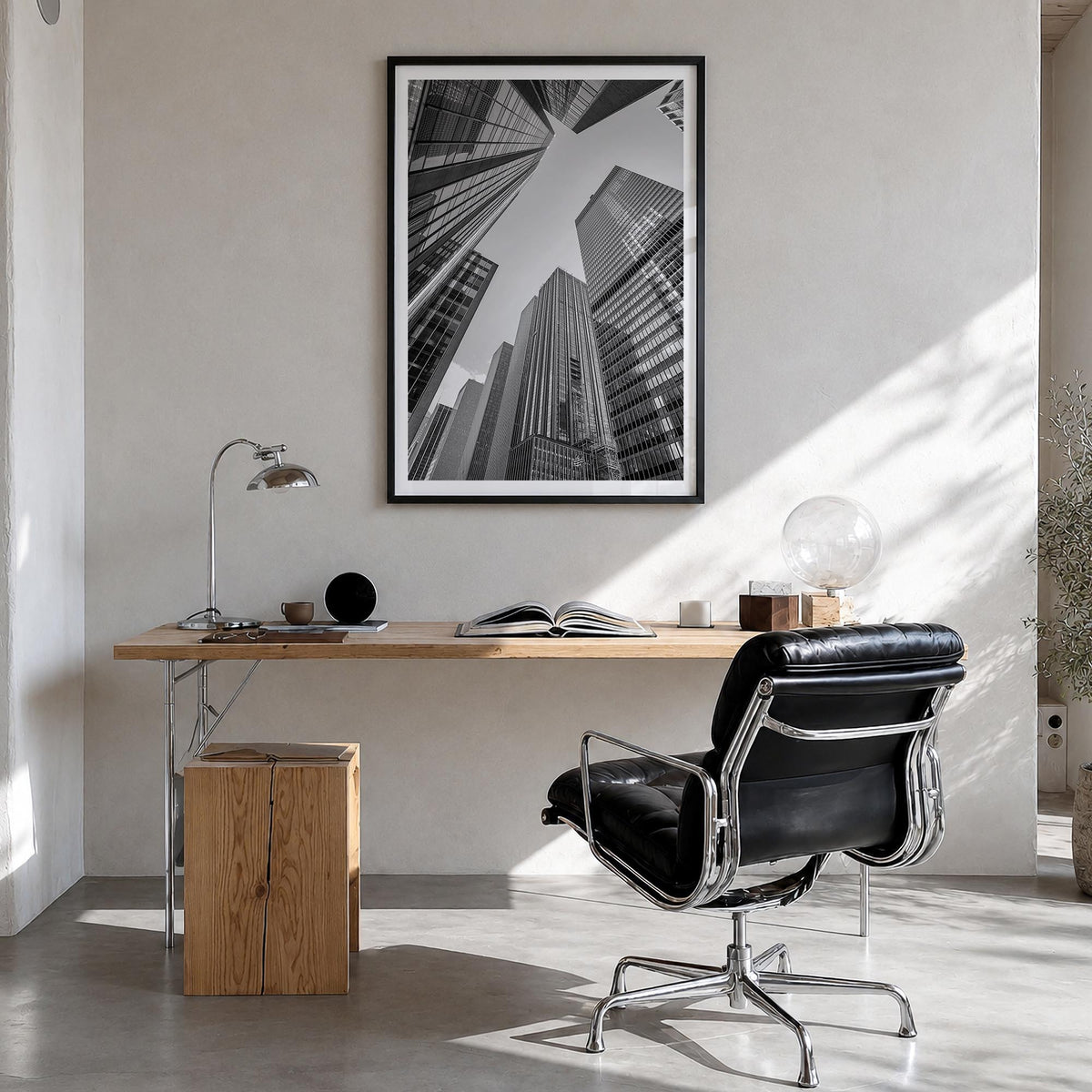 Manhattan no. 3 black & white photo poster of New York City, New York – vertical wall art in black wood frame with white bord