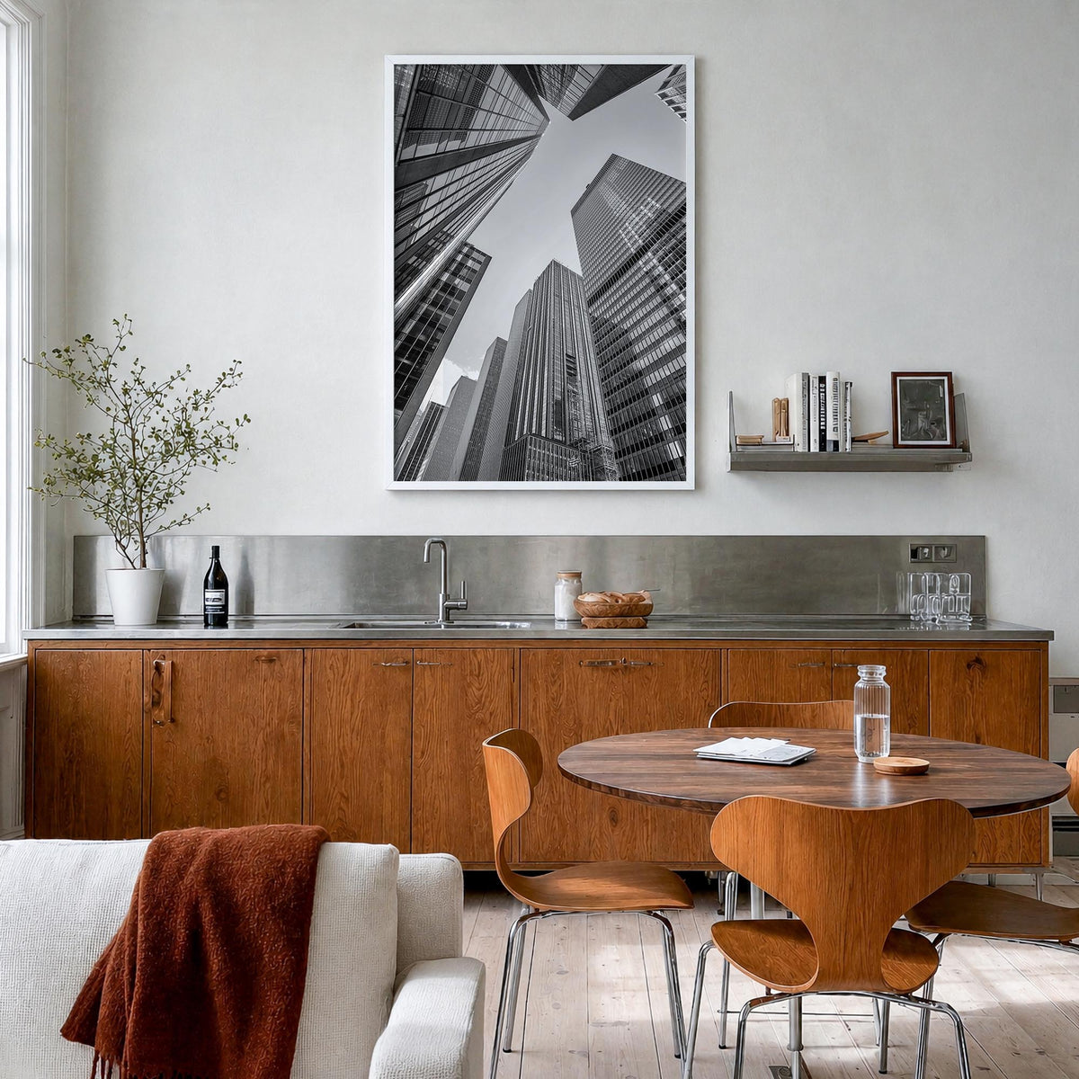 Manhattan no. 3 black & white photo poster of New York City, New York – vertical wall art in white wood frame, hanging on wal