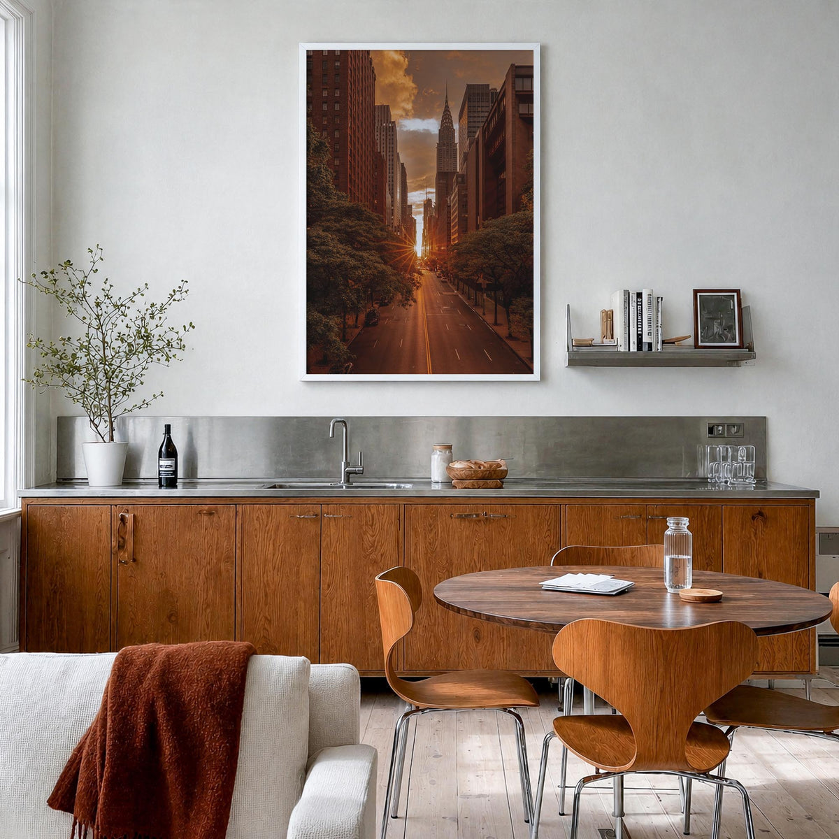 Manhattan no. 3 colorful photo poster of New York City, New York – vertical wall art in white wood frame, hanging on wall