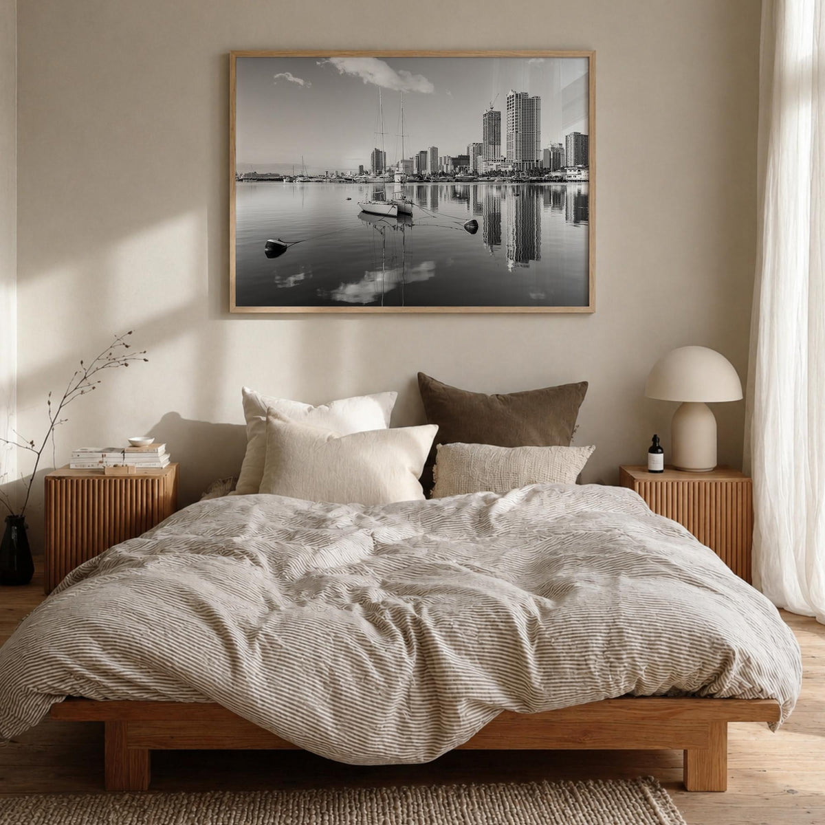 Manila black & white photo poster of Philippines – horizontal wall art in natural wood frame, hanging on wall