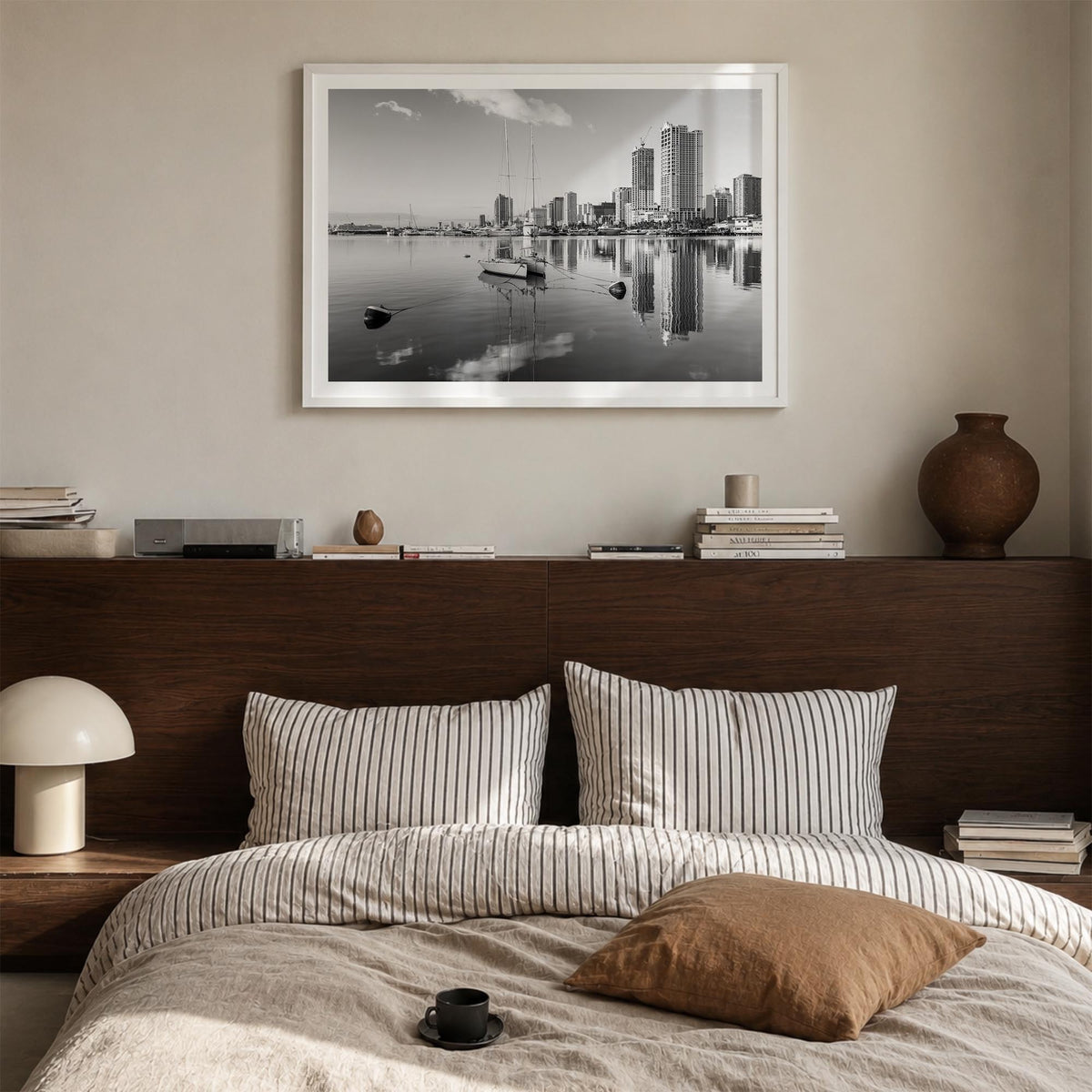 Manila black & white photo poster of Philippines – horizontal wall art in white wood frame with white border, hanging on wall