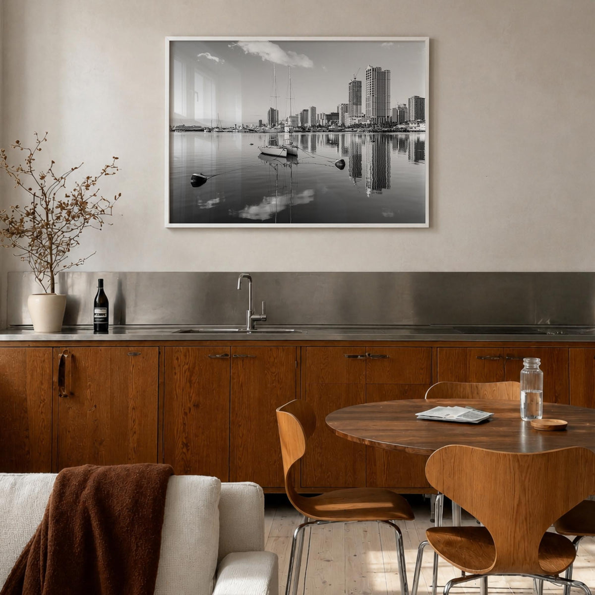 Manila black & white photo poster of Philippines – horizontal wall art in white wood frame, hanging on wall