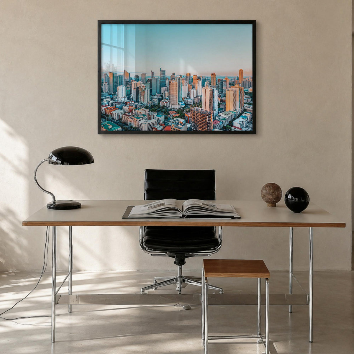 Manila colorful photo poster of Philippines – horizontal wall art in black wood frame, hanging on wall