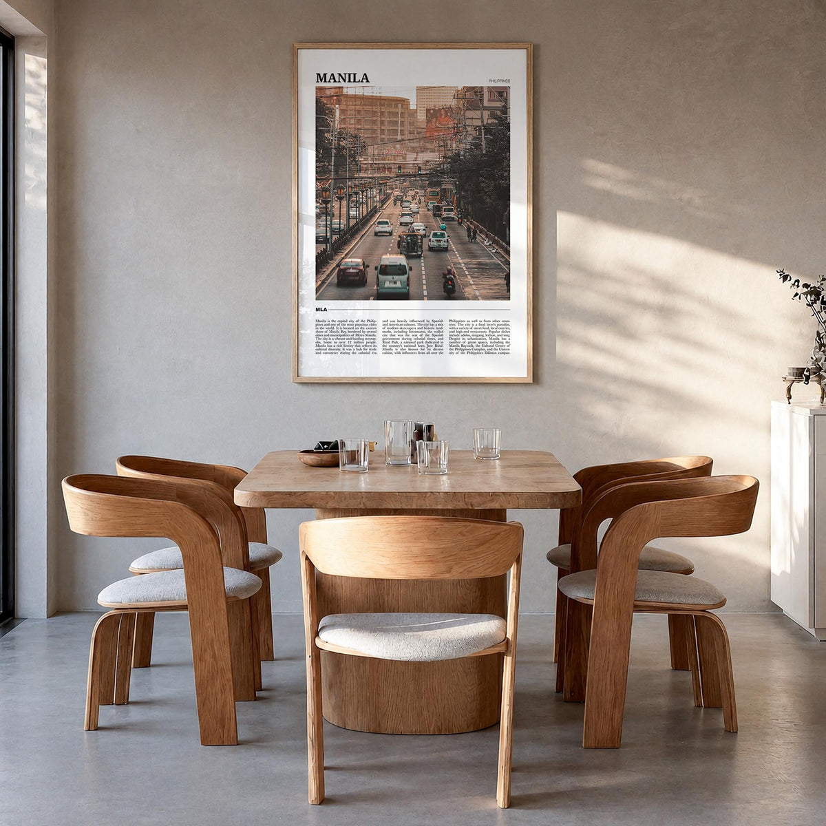 Manila colorful travel poster of Philippines – vertical wall art in natural wood frame, hanging on wall
