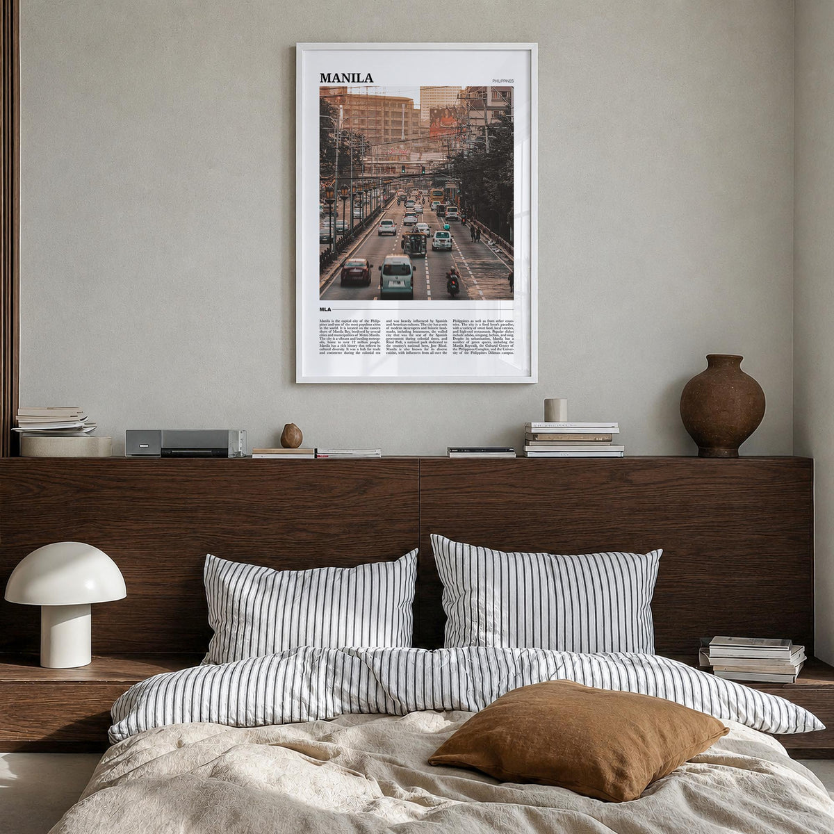 Manila colorful travel poster of Philippines – vertical wall art in white wood frame, hanging on wall