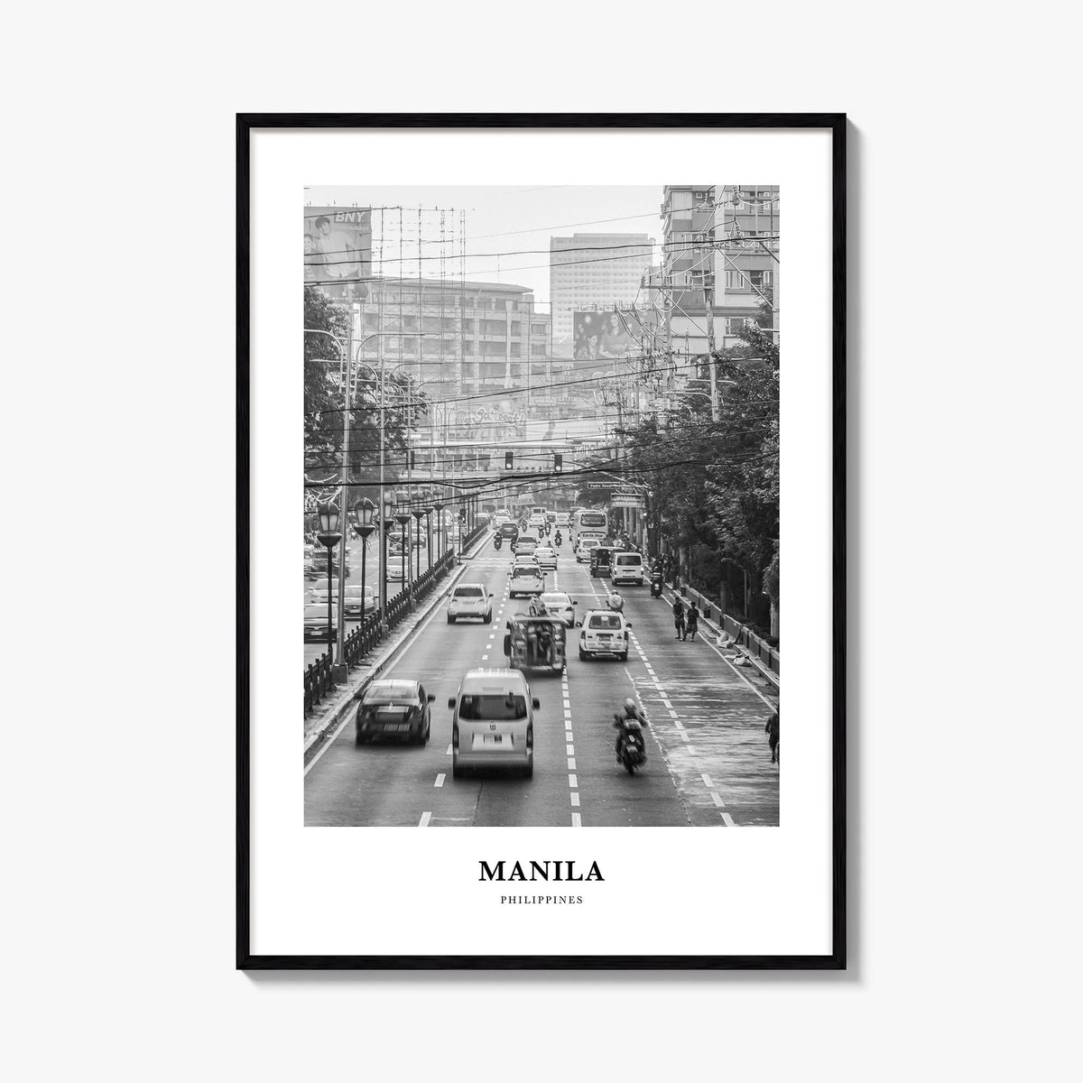 Manila no. 1 black & white classic poster of Philippines – vertical wall art, unframed print shown in interior mockup