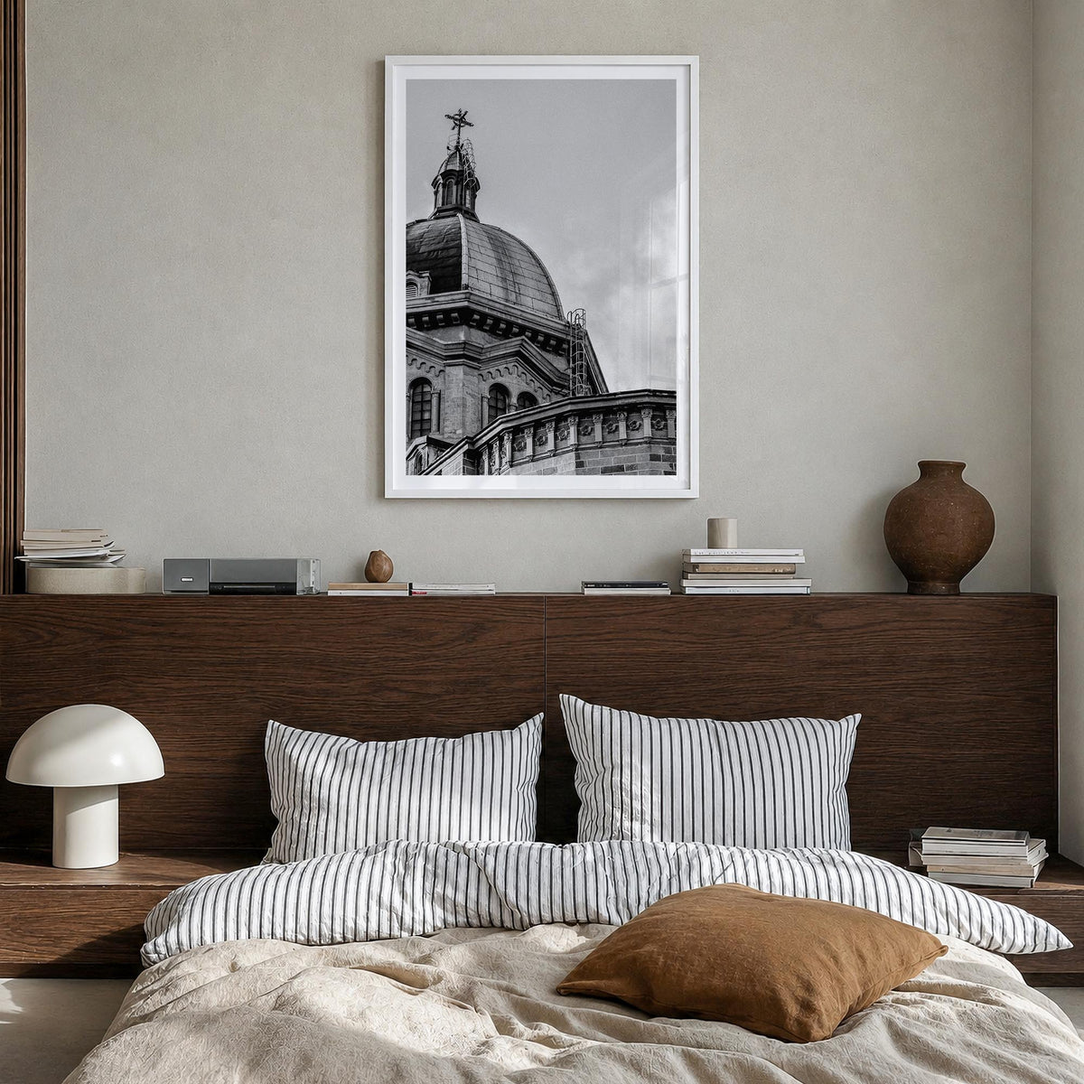 Manila no. 2 black & white photo poster of Philippines – vertical wall art in white wood frame with white border, hanging on